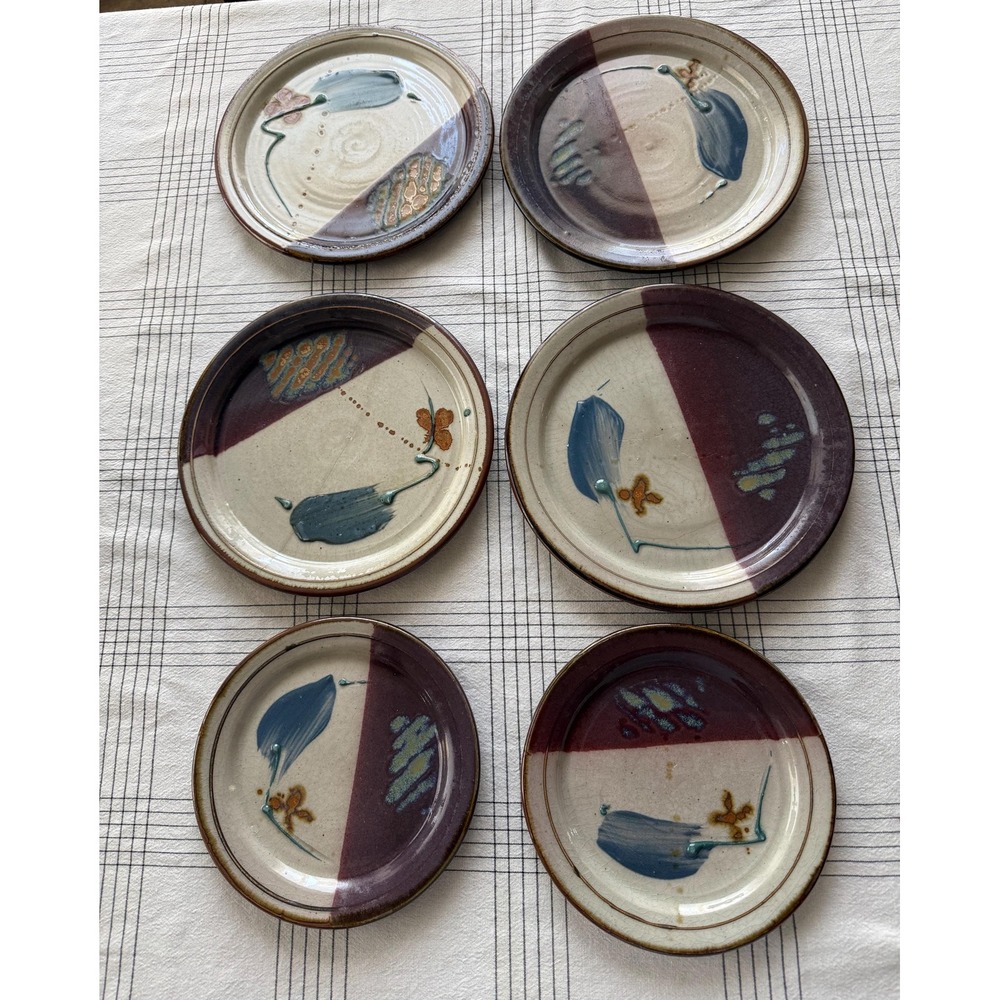 VTG Jeff Kuhn Signed Studio Art Handmade Pottery Plates (4) Dinner Size (2) Side